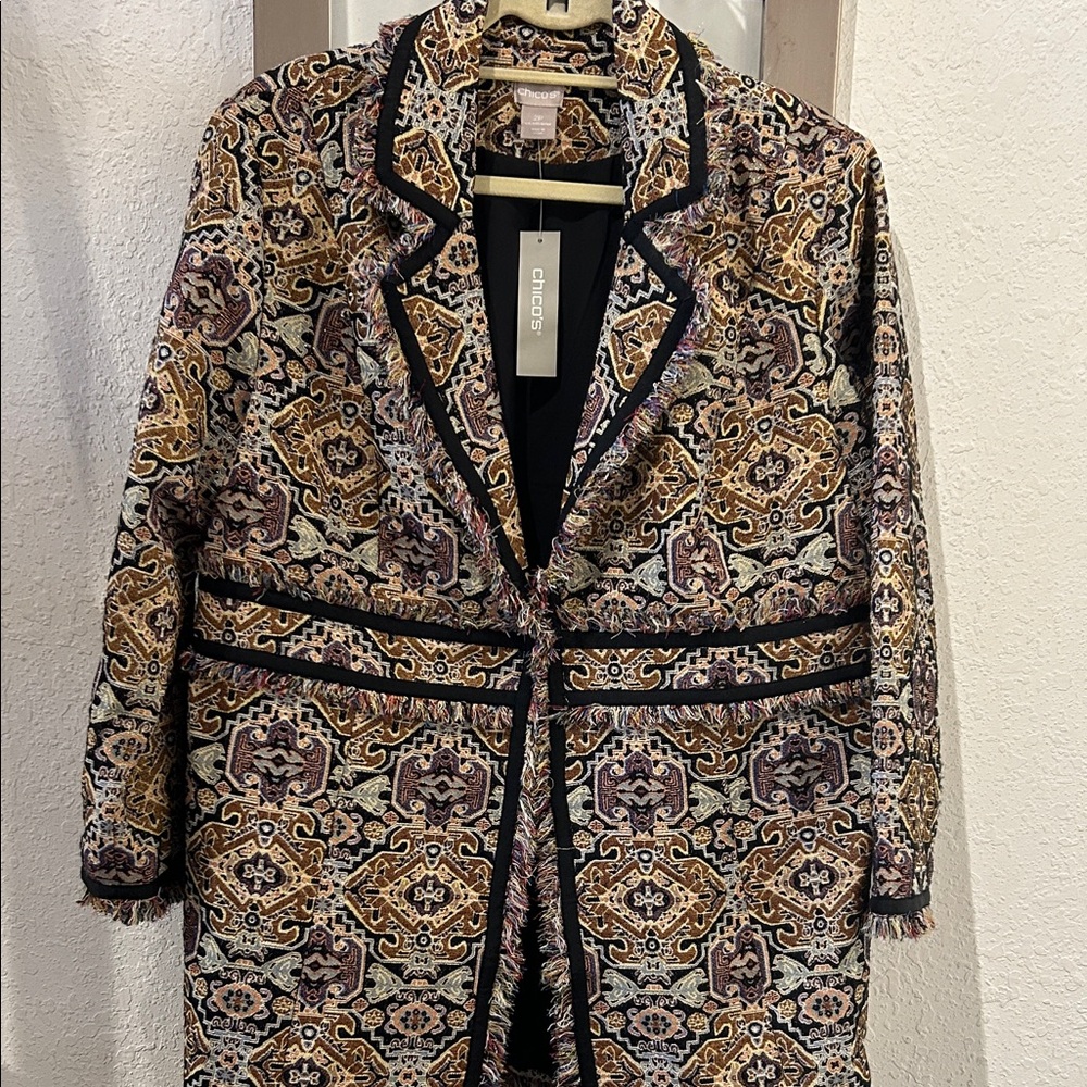 Chico's Elegant Fringe Trim Jacquard Coat. NWT size 2P retail $169.